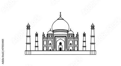 Minimalist line art depiction of the Taj Mahal, a symbol of Indian heritage and architectural marvel for travel brochures and educational materials.