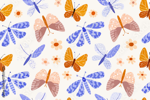 Whimsical butterfly pattern with flowers in soft colors