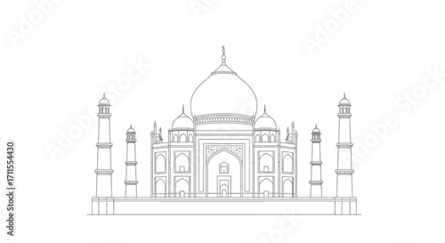 Minimalist Line Art of the Taj Mahal, India, Perfect for Travel Guides, Educational Resources and Cultural Heritage Projects, Suitable for Coloring Books.