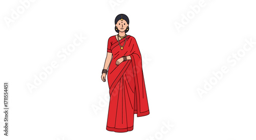 Elegant Indian Woman in Traditional Red Saree, Representing Culture and Style for Fashion Illustrations and Cultural Design Projects.