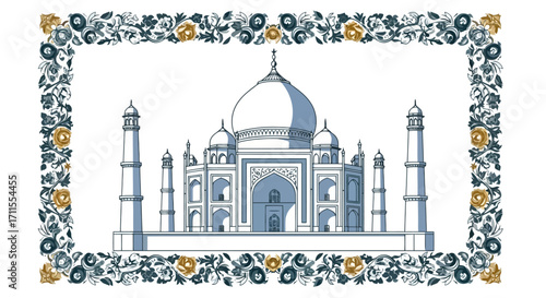 Majestic Taj Mahal illustration surrounded by floral border, evoking Indian heritage and suitable for travel brochures or cultural event designs.