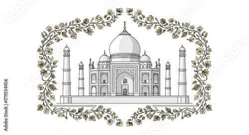 Intricate Monochrome Drawing of the Taj Mahal Framed by Delicate Floral Wreath, Ideal for Cultural Presentations and Travel Brochure Designs