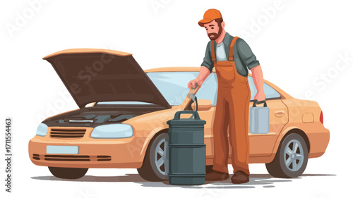 A digital illustration depicting a male mechanic in orange overalls and a cap, standing next to a light beige sedan with its hood open. He is holding what appears to be an oil dipstick