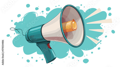 A digital illustration depicting a teal and white megaphone angled towards the right. The megaphone has a yellow sound emitter.  It is set against a stylized light teal background with white paint