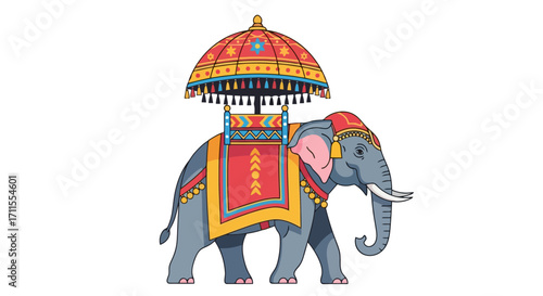 Ornate Elephant Illustration with Decorative Umbrella for Cultural Events, Festivals, and Traditional Celebrations Depicting Rich Heritage