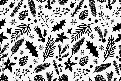 Black and white christmas pattern with pine cones holly and snowflakes