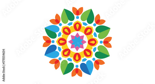 Vibrant Geometric Floral Mandala Design with Kaleidoscope Symmetry for Spiritual Wellness and Creative Decorative Art Projects, Ideal for Meditation and Relaxation