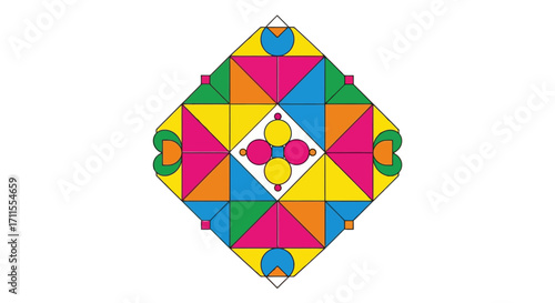 Vibrant Geometric Pattern with Symmetrical Design Elements, Perfect for Backgrounds, Decor, and Creative Projects that require eye-catching visual elements.