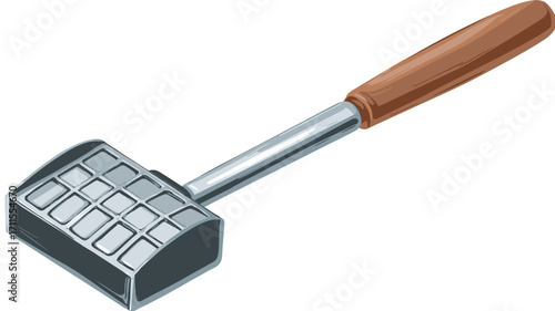 Isometric illustration of a meat tenderizer. The tenderizer features a rectangular metal head with a grid pattern of small squares, a long silver metal shaft, and a brown wooden handle.