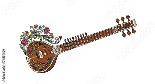 Exquisite Sitar Illustration with Floral Ornamentation for Traditional Music Promotion and Cultural Heritage Projects, Suitable for Educational and Artistic Applications