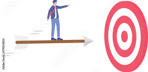 Team of businesspeople rides arrow aimed at hitting bullseye,

