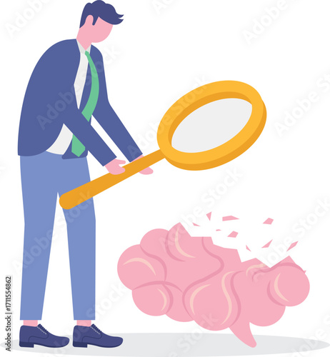 Doctor examines amnesia patient brain using magnifying glass,

