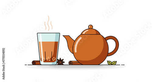 Aromatic Masala Chai Illustration with Traditional Elements, Ideal for Tea Brands, Cafes, and Food Bloggers, Demonstrating Authentic Tea Culture.