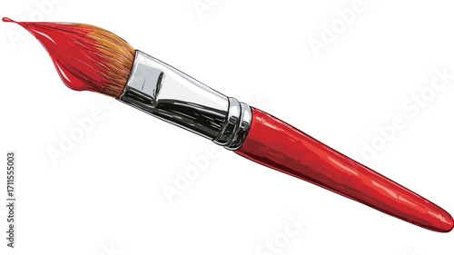 Close-up image of a red paintbrush with a silver ferrule and a wooden handle. The brush is angled, and red paint is dripping from its bristles. The background is white.