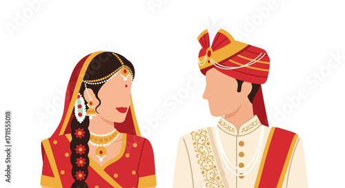 Elegant Indian Wedding Couple Illustration Depicting Traditional Attire and Ceremony for Cultural Events and Festive Celebrations.