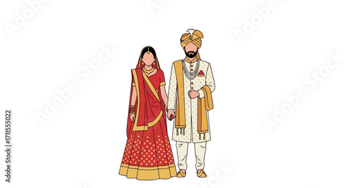 Elegant Indian Wedding Couple Illustration Featuring Traditional Attire and Cultural Symbolism for Festive Invitations and Design Projects