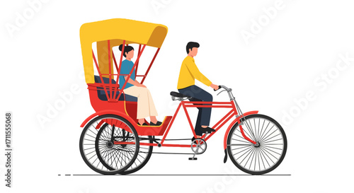 Illustration of a Man Riding a Red and Yellow Cycle Rickshaw with a Passenger for Travel and Transportation Purposes or Promoting Eco-Friendly Tourism.