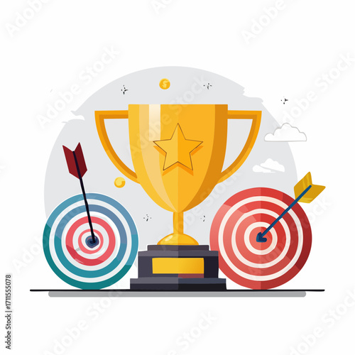 Achieving Goals A Vector Illustration of a Golden Trophy Between Two Targets, Representing Success