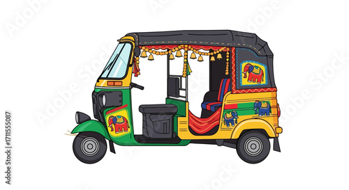Vibrant Decorated Auto Rickshaw Illustration showcasing cultural transport, perfect for travel blogs, educational resources, and promoting tourism experiences