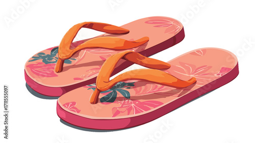 A digital illustration depicting a pair of flip-flops. The flip-flops are predominantly pink with an orange strap and feature a tropical leaf pattern. They are presented on a white background and