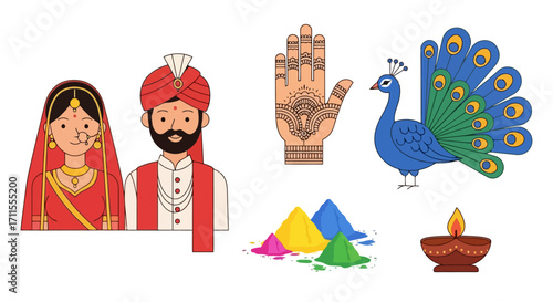 Indian Wedding Celebration Elements Illustration, Featuring Traditional Attire, Henna, Peacock, Colors and Diwali Lamp for Cultural Events and Design Projects