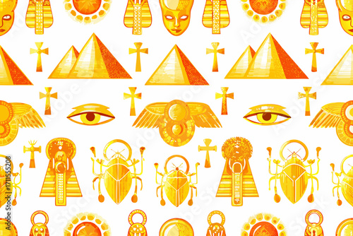 Golden egyptian hieroglyphs and symbols seamless pattern