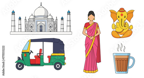 Vibrant Illustration Depicting Indian Culture and Landmarks, Perfect for Travel Guides, Educational Materials, and Cultural Celebration Designs