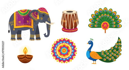 Vibrant Indian Cultural Elements Set Depicting Traditional Symbols for Festive Celebrations and Cultural Events, ideal for showcasing Indian heritage and traditional art.