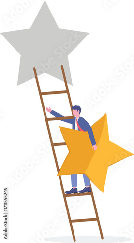 Businessman holding fifth star climbs up ladder to put on highest rating,

