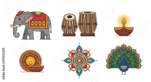 Vibrant Indian Cultural Icons Depicted in Detailed Vector Graphics for Festival Celebrations and Cultural Representation Projects