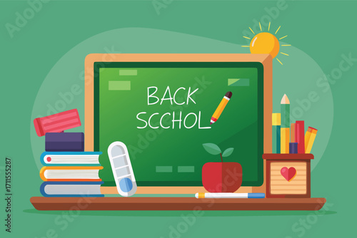 Colorful classroom scene with chalkboard, books, and supplies celebrating back to school