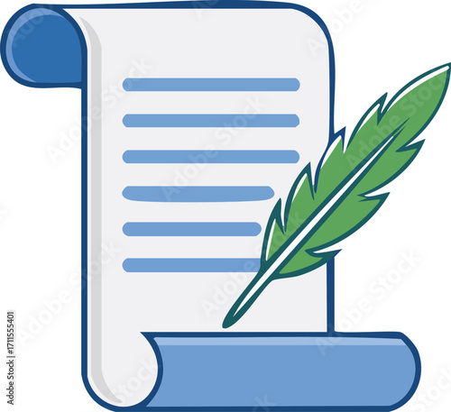 A stylized illustration of a scroll of paper with lines, and a green feather quill.