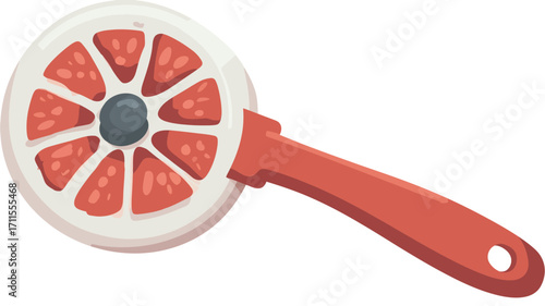 A digital illustration of a pizza cutter. The cutter is circular with a dark gray center and radiating segments holding simulated red pizza slices. It has an orange-red plastic handle with a hole at