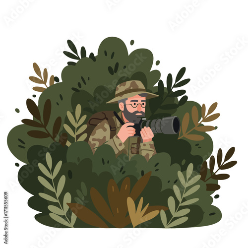 Camo-clad photographer crouches among leaves with telephoto lens, searching for a shot