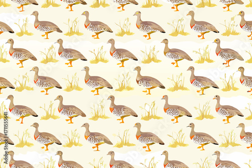 Seamless pattern of geese standing in tall grass with orange markings