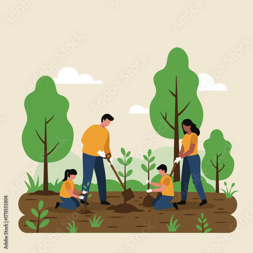 Cartoon family planting trees in a yard with large trees and a beige background color
