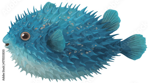 Digital illustration of a blue pufferfish. The fish is depicted in a cartoonish style with large, expressive eyes. Its body is primarily a vibrant blue, fading to a lighter shade on its underside.