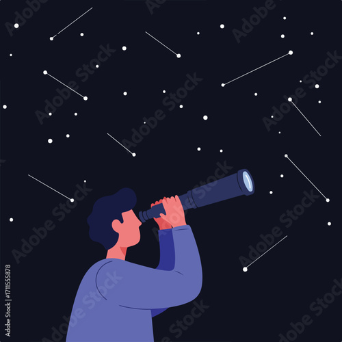 Cartoon person using telescope to observe a star-filled night sky with shooting stars