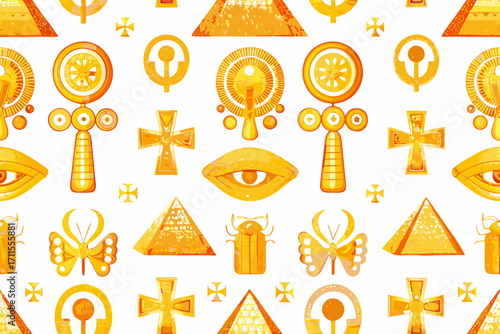 Seamless pattern of golden ancient egyptian symbols on white background