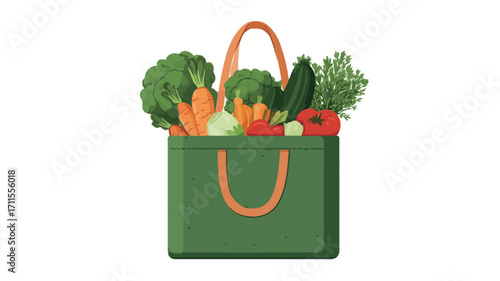 A digitally rendered illustration depicting a green tote bag with orange handles.  The bag is filled with various fresh vegetables, including broccoli florets, carrots, zucchini, tomatoes