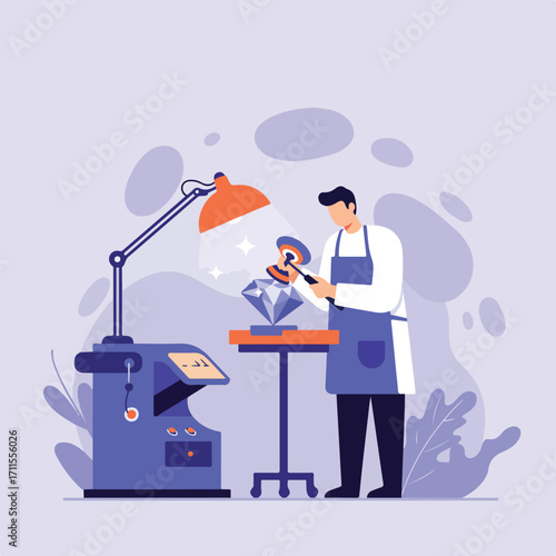 Flat vector illustration of a jeweler polishing a diamond on a work table