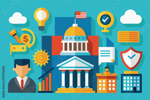 Government and business concept with colorful icons representing finance and administration