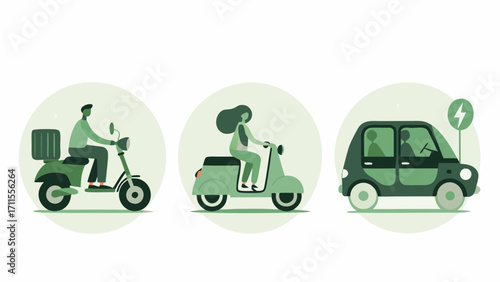 Modern green transportation options including scooters and electric car