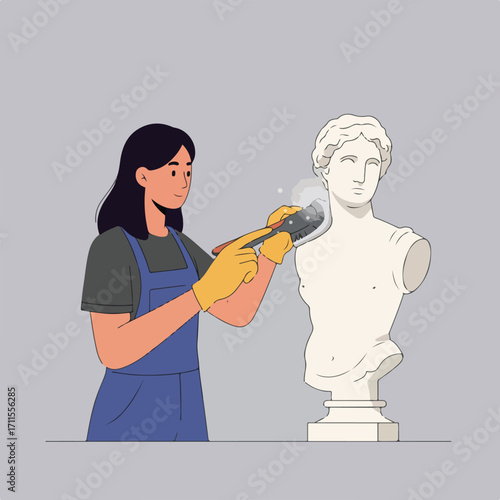 Woman in overalls cleans a marble bust with brush, on a grey backdrop in a clean style