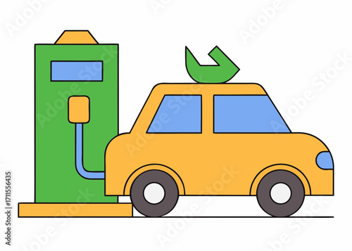 Electric car charging at a station with a green leaf symbol