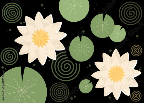 Stylized white water lilies and lily pads on black background