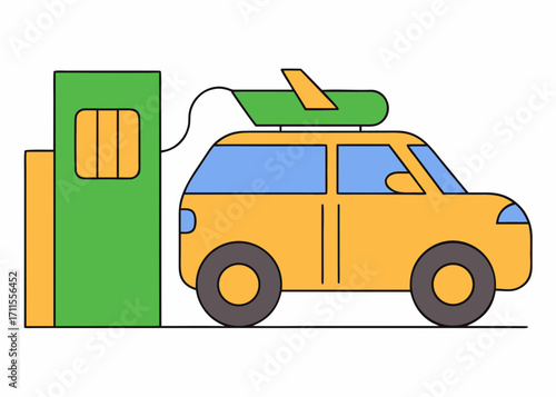 Yellow car charging at a green charging station with a roof rack
