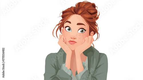 Close-up illustration of a young woman with reddish-brown hair styled in a messy bun. She has fair skin and is depicted with a pensive expression, her hands supporting her chin