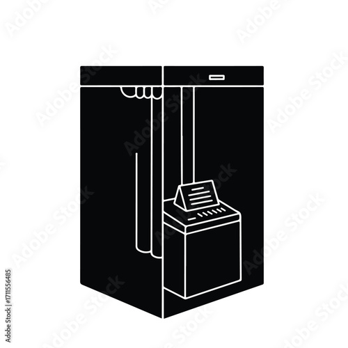 Simplified graphic of a voting booth interior, showing curtain, and ballot box