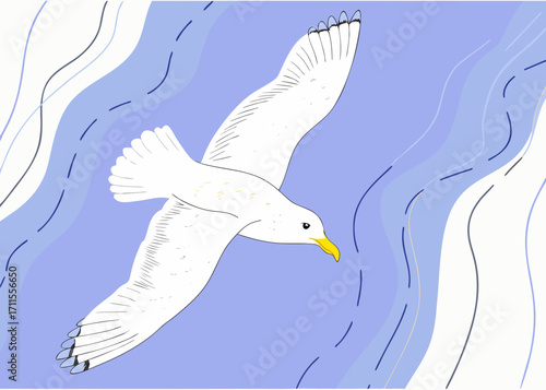 Stylized illustration of a white seagull in flight against a blue background with wavy lines